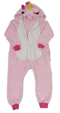 Světlerůžovo-bílá chlupatá kombinéza s kapucí - jednorožec 