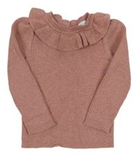 Růžový melírovaný žebrovaný svetr s volánkem Next