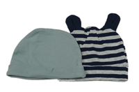 2x čepice - tmavomodro-šedá pruhovaná + šedá