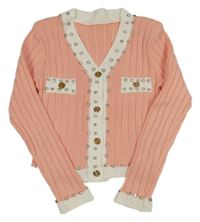 Lososovo-bílý žebrovaný propínací crop svetr s kamínky 