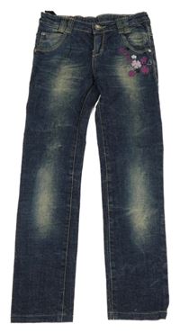 Modré skinny rifle s kytičkami 