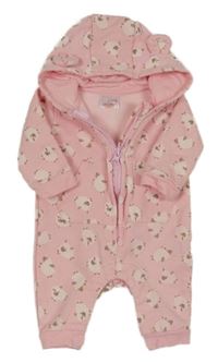 Světlerůžová tepláková kombinéza s ovečkami a kapucí 