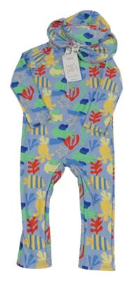 Nové - 2set - Světlemodro-barevný UV overal s korály + UV kšiltovka M&S