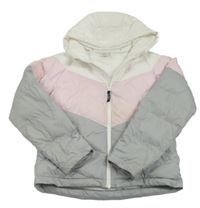 Šedo-růžovo-bílá šusťáková prošívaná zimní bunda s kapucí Nike