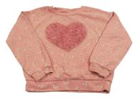 Broskvová oversize mikina s kytičkami a srdíčkem 