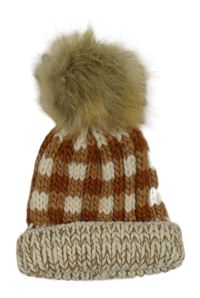 Smetanovo-béžovo-medová kostkovaná pletená čepice s bambulí 