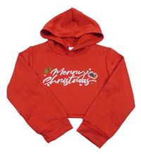 Červená crop mikina s nápisem a kapucí 