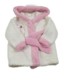 Bílo-růžový huňatý župan s medvídkem a kapucí 