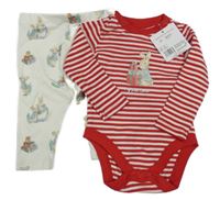 Nové - 2set - Červeno-bílé pruhované body + bílé legíny Peter Rabbit