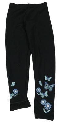 Černé zateplené legíny s motýly a kytičkami 