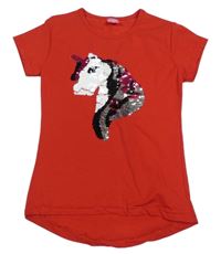 Červené tričko s jednorožcem z překlápěcích flitrů