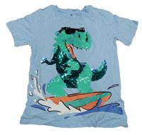 Světlemodré tričko s dinosaurem z překlápěcích flitrů H&M