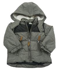 Šedo-tmavošedá melírovaná prošívaná šusťáková zimní bunda s odepínací kapucí H&M