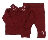 2Set - Mahagonový vzorovaný svetr s límečkem s růžemi + pletené tepláky Tu