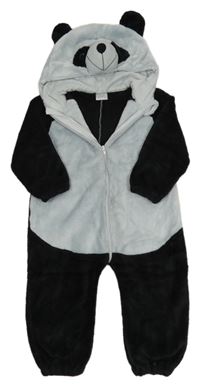 Černo-světlešedá plyšová kombinéza s kapucí - panda