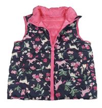 Tmavomodrá prošívaná šusťáková zateplená oboustranná vesta s jednorožci a kytičkami joules