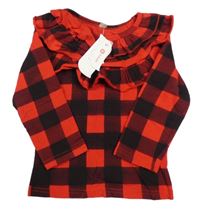 Nové - červeno-černé kostkované triko s volánky 