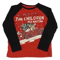 Červeno-černé pyžamové vánoční triko s autem a Santou a sobem zn. little kids