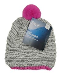 Nové - šedo-bílo-fuchsiová melírovaná pletená čepice s bambulí crivit