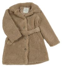 Hnědobéžový huňatý podšitý kabát s límečkem a páskem George