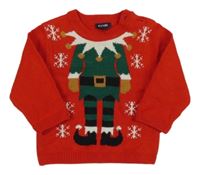 Červený pletený vánoční svetr s elfem KIABI