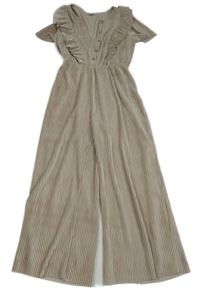 Světlebéžový lesklý žebrovaný sametový kalhotový culottes overal s volánky Tu