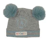 Šedo-modrá melírovaná čepice s Mickey a pruhy a bambulemi PRIMARK