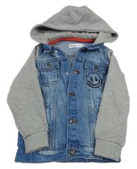 Modro-šedá riflovo/tepláková bunda se smajlíkem a bleskem a kapucí minoti