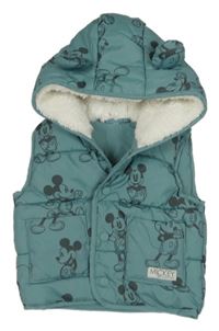 Olivovošedá prošívaná šusťáková zateplená vesta s Mickey a kapucí George