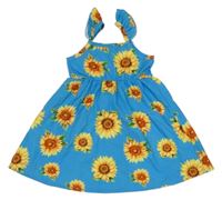 Modré letní šaty se slunečnicemi a volánky 