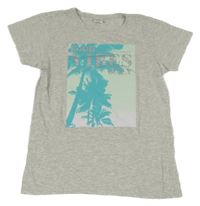 Šedé melírované tričko s palmami a stříbrnými nápisy Page one young