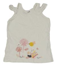 Bílý melírovaný top s kytičkami a motýlky a volánky s madeirou STOP+GO