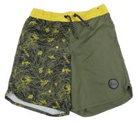 Khaki-tmavožluté plážové kraťasy s palmami a kaktusy a nášivkou OLAIAN