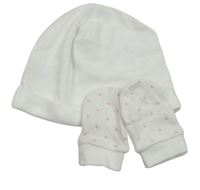 2set - Bílá bavlněná čepice + bílé puntíkaté rukavičky