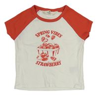 Bílo-červené žebrované crop tričko s jahodami H&M