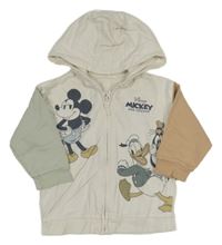 Krémovo-hnědo-světlezelená propínací mikina s Mickeym s přáteli a kapucí George