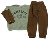 2set - Khaki-hnědá mikina s nápisem + hnědé žebrované teplákové kalhoty