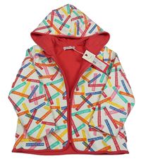 Nové - Bílo-barevná prošívaná podšitá propínací mikina s nápisy a kapucí