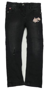 Černé teplákové skinny fit rifle s výšivkami květů Lupilu