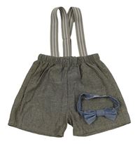 2 set - Béžové kraťasy s kšandami + světlemodrý společenský motýlek 