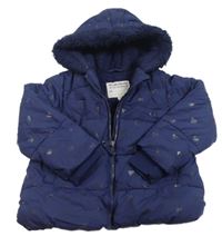 Tmavomodrá šusťáková zimní bunda se srdíčky a kapucí M&S