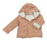 Růžová žebrovaná sametová zateplená propínací mikina s kapucí M&S