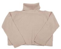 Světlerůžový žebrovaný oversize svetr s rolákem 
