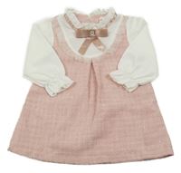 Světlerůžové úpletové šaty s bílými rukávy a mašličkou Shein