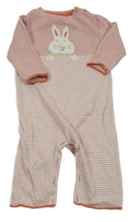 Růžový pruhovaný pletený overal s králíkem 