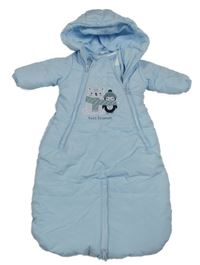 Světlemodrý šusťákový zateplený fusak s obrázkem a kapucí 