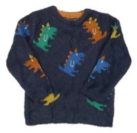 Tmavomodrý chlupatý svetr s barevnými dinosaury George