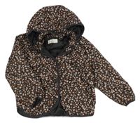 Černo-hnědá květovaná šusťáková zateplená bunda s kapucí H&M