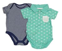 2set - Zelené body se slony a límečkem + tmavomodro-bílé pruhované body 