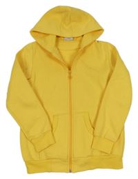 Žlutá propínací mikina s nápisy a kapucí 